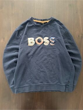 Hugo Boss Crewneck Sweatshirt Navy Blue Multi Color Big Logo Pullover Mens L